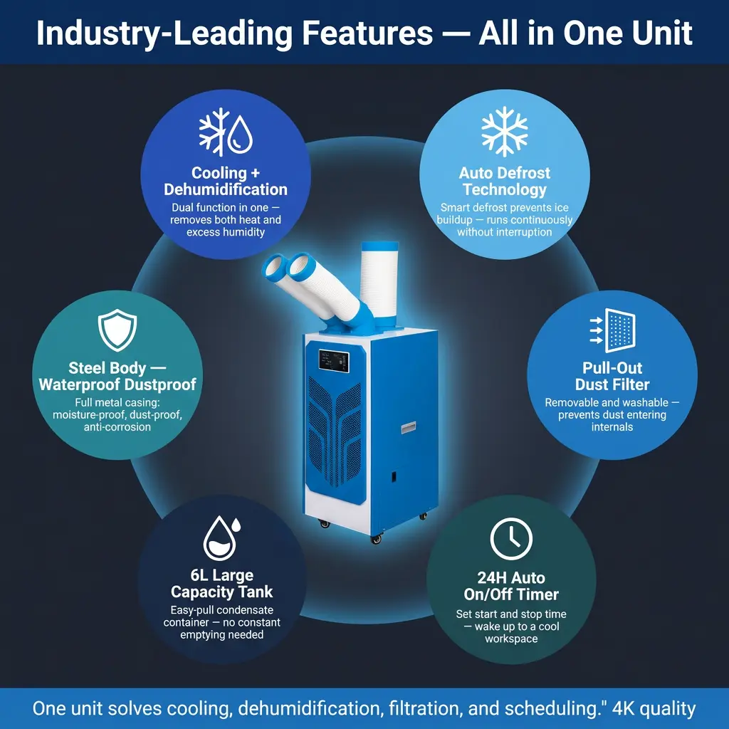 Арнайы көбелек қанаты алтыбұрышты бал ұясы 24 сағаттық таймерлік нүкте салқындатқышы, сыртқы іс-шаралар шатыры бар портативті өндірістік айнымалы ток