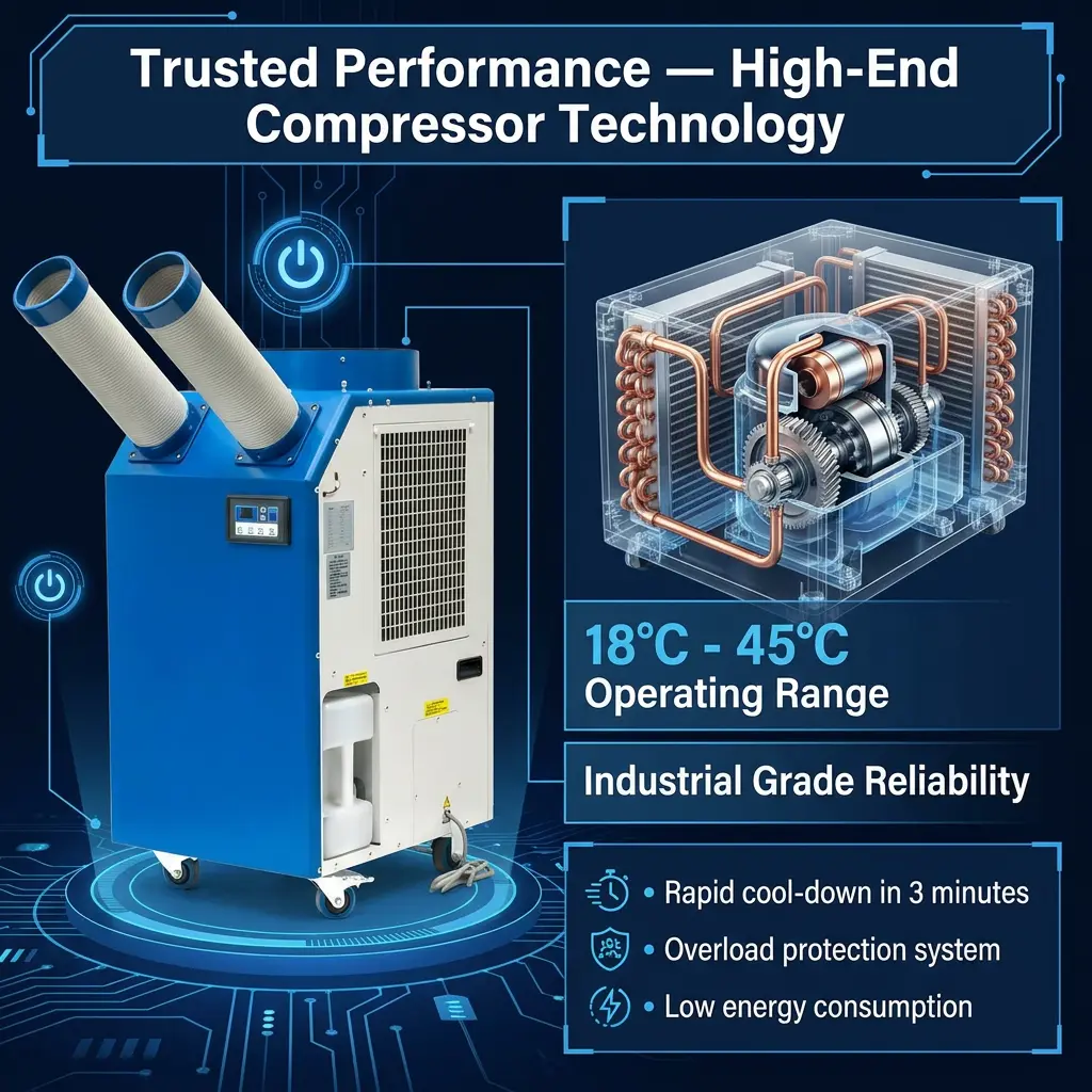 OEM 14L үлкен резервуар 2700Вт қуаты 9300BTU айналмалы компрессорлы портативті нүкте салқындатқышы шеберханаға арналған өнеркәсіптік кондиционер OEM 14L үлкен резервуар 2700Вт қуаты 9300BTU айналмалы компрессорлы портативті нүкте салқындатқышы шеберханаға арналған өнеркәсіптік кондиционер