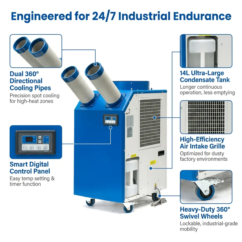 OEM 14L үлкен резервуар 2700Вт қуаты 9300BTU айналмалы компрессорлы портативті нүкте салқындатқышы шеберханаға арналған өнеркәсіптік кондиционер