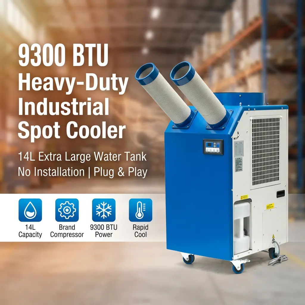 OEM 14L үлкен резервуар 2700Вт қуаты 9300BTU айналмалы компрессорлы портативті нүкте салқындатқышы шеберханаға арналған өнеркәсіптік кондиционер OEM 14L үлкен резервуар 2700Вт қуаты 9300BTU айналмалы компрессорлы портативті нүкте салқындатқышы шеберханаға арналған өнеркәсіптік кондиционер